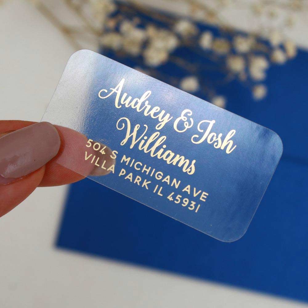 Andaz Press 2 Round Clear Personalized Wedding Return Address Labels with Gold Ink, Custom Names Transparent Envelope Tab Sealer Self-Adhesive