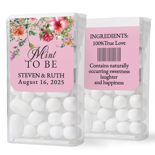Personalized "Mint to Be" wedding favor stickers with pink spring flowers design