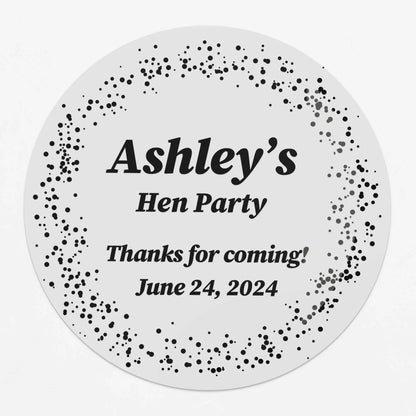 Personalized hen party sticker with name, event type, and date in gold foil, silver foil, rose gold foil, or black text on clear or white background