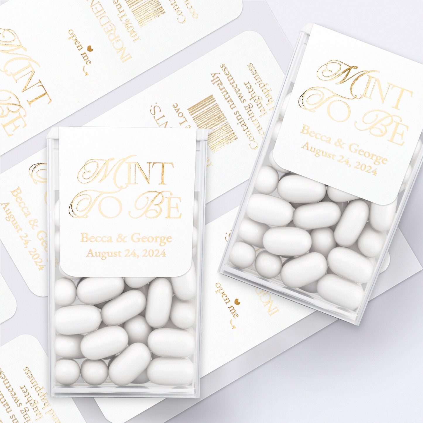 Elegant firytale calligraphy mint to be wedding favor labels by XOXOKristen, designed for mini Tic Tac boxes, available in sparkling rose gold, gold, or silver foil, adding a touch of luxury and personalization to wedding favors.