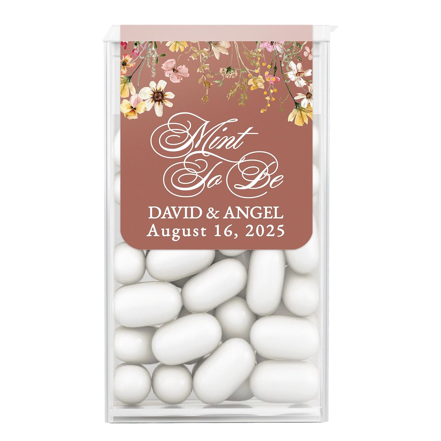 Elegant terracotta wedding favor stickers for Tic Tac boxes