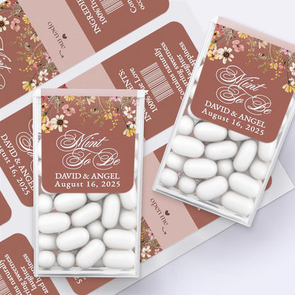 Custom Tic Tac labels with couple's names and wedding date in terracotta