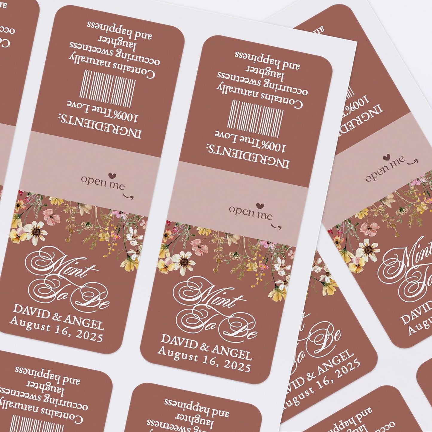 Vibrant wildflowers design on wedding favor labels in terracotta