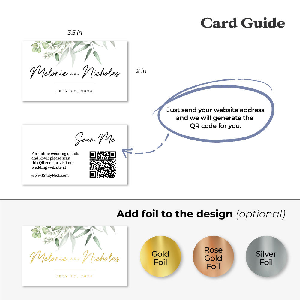 Custom wedding website cards from XOXOKristen, featuring a greenery design with elegant floral elements and a QR code for easy website access.