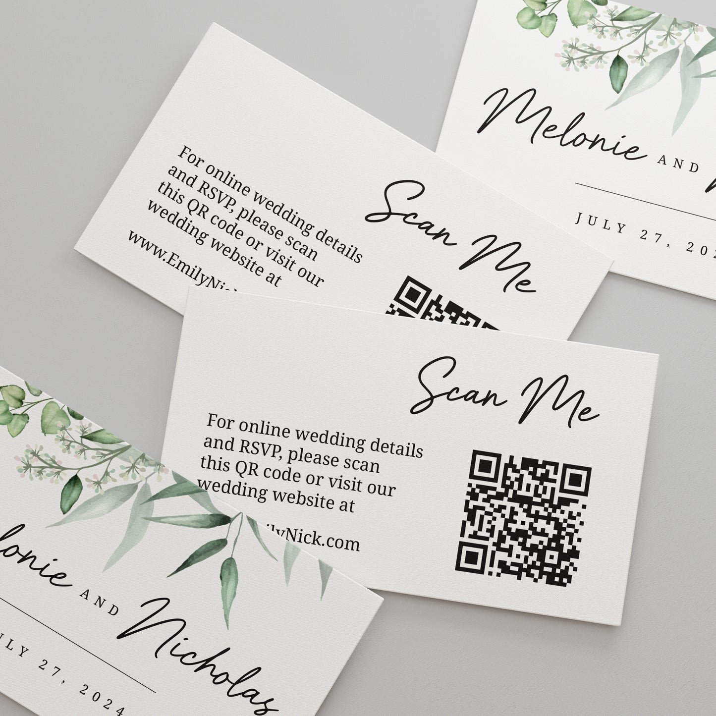 Custom wedding website cards from XOXOKristen, featuring a greenery design with elegant floral elements and a QR code for easy website access.