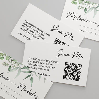 Custom wedding website cards from XOXOKristen, featuring a greenery design with elegant floral elements and a QR code for easy website access.