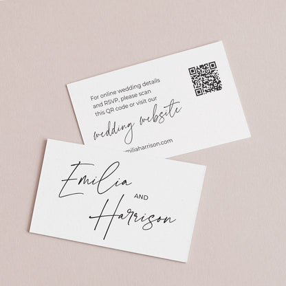 Elegant personalized wedding website cards from XOXOKristen, featuring modern calligraphy and a convenient QR code.