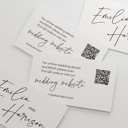 Elegant personalized wedding website cards from XOXOKristen, featuring modern calligraphy and a convenient QR code.