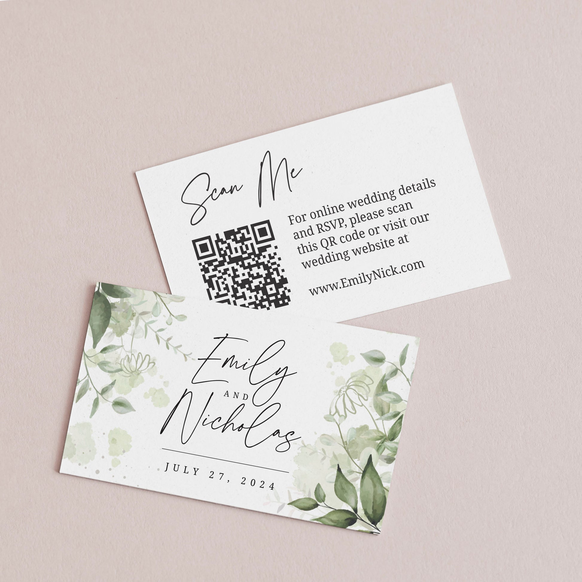 Image of Personalized Wedding Website Card with modern calligraphy and greenery floral design