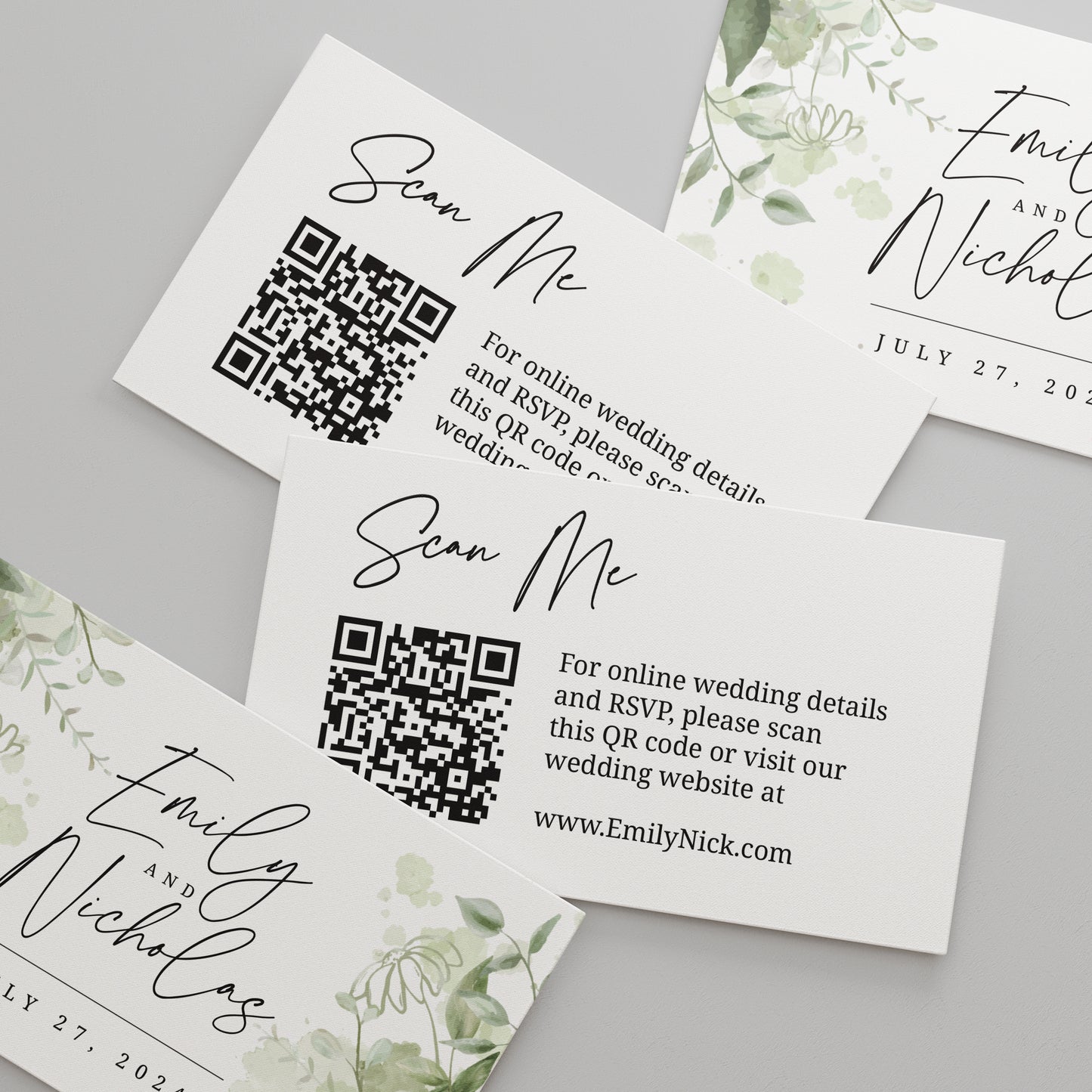Image of Personalized Wedding Website Card with modern calligraphy and greenery floral design