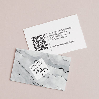 Stylish personalized wedding website cards from XOXOKristen, featuring a modern marble design, elegant calligraphy, and a QR code for easy access to wedding details.