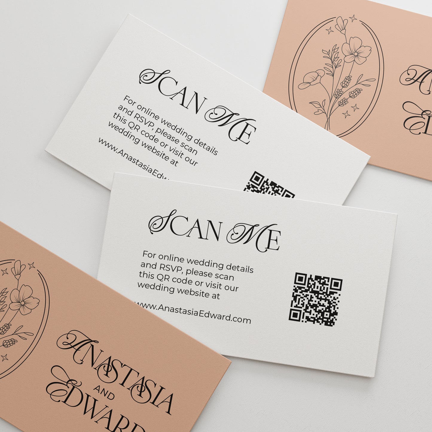 Luxury floral personalized wedding website cards from XOXOKristen, featuring a QR code, stylish calligraphy, and a variety of foil text printing options.