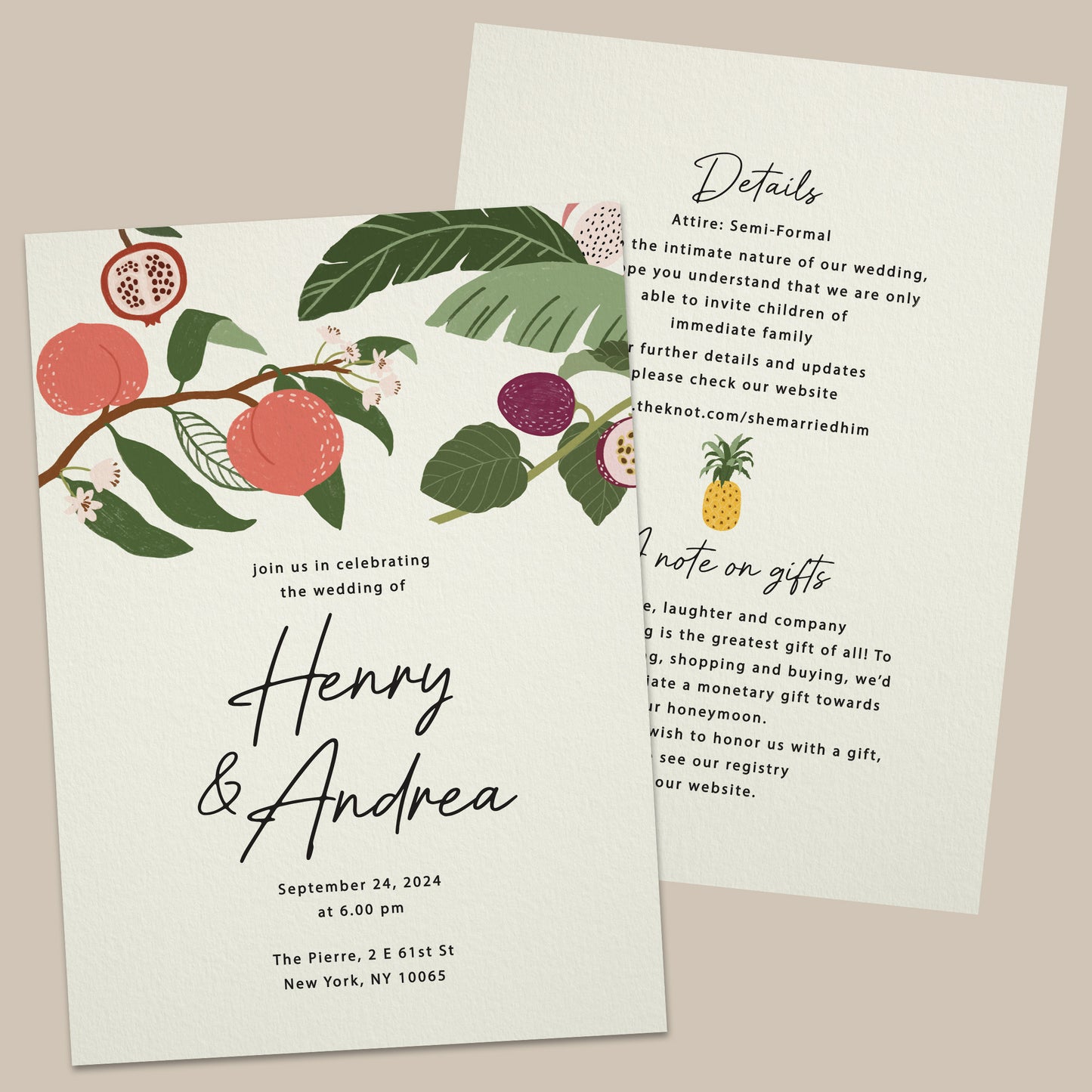 simple tropical wedding invitation with fruits and trees and calligraphy font - XOXOKristen