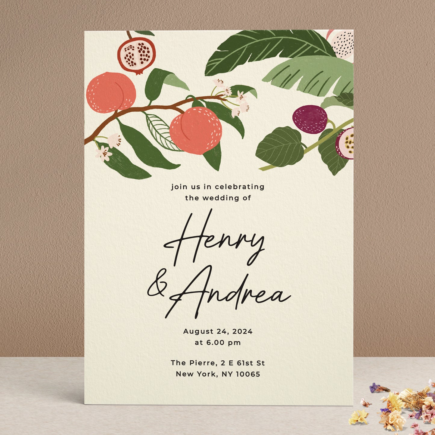 simple tropical wedding invitation with fruits and trees and calligraphy font - XOXOKristen