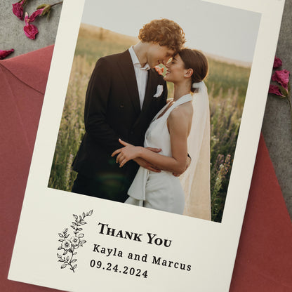 wedding thank you cards with custom photo, names, wedding date and flower branch - XOXOKristen