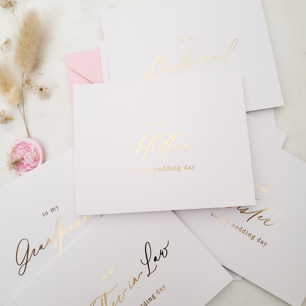 to my bridesmaid on my wedding day note card with gold foiled calligraphy font - XOXOKristen