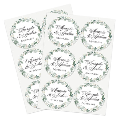 Elegant wedding sticker with genery wreath, personalized with names and wedding date. 