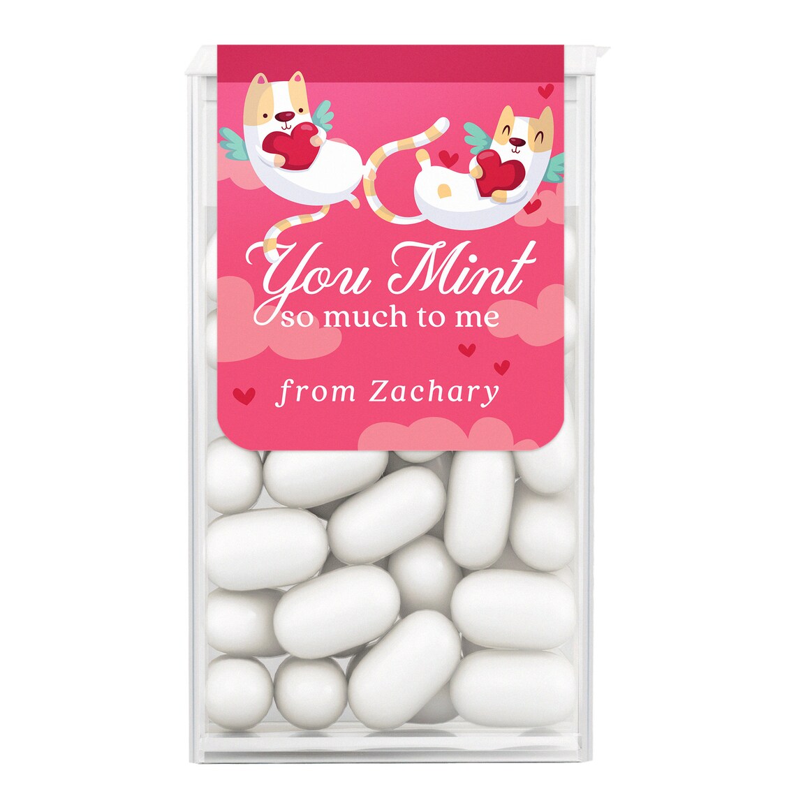 valtneine's day tic tac stickers personalized with name, decorated with two cats hugging hearts on a pink background.