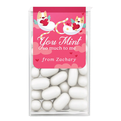 valtneine's day tic tac stickers personalized with name, decorated with two cats hugging hearts on a pink background.