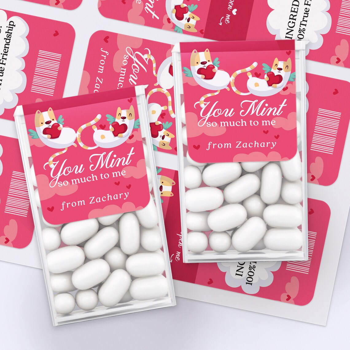 valtneine's day tic tac stickers personalized with name, decorated with two cats hugging hearts on a pink background.