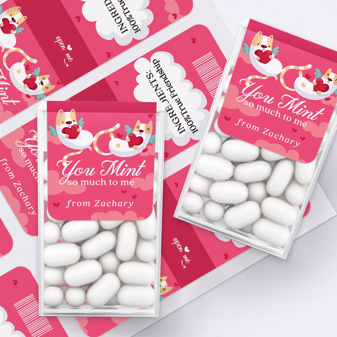 valtneine's day tic tac stickers personalized with name, decorated with two cats hugging hearts on a pink background.