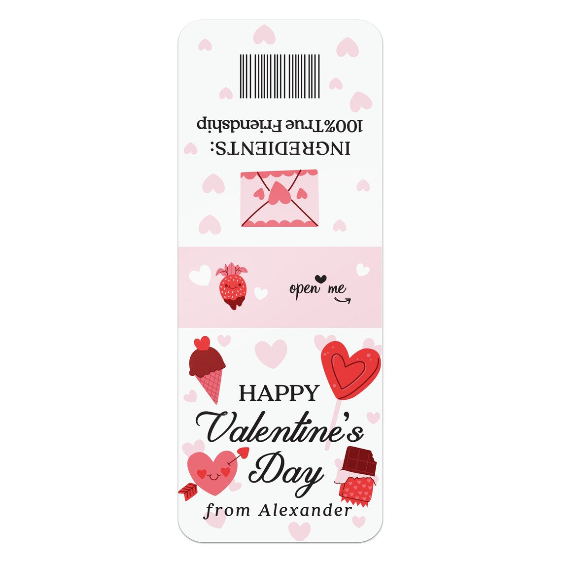 personalized happy valentine's day stickers for tic tac boxes with cute illustrations of hearts, ice cream and chocolate, customized with name. 