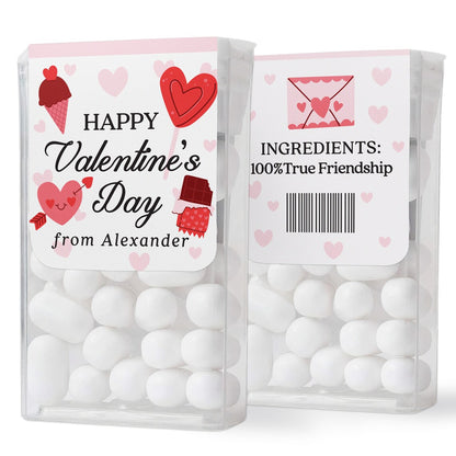 personalized happy valentine's day stickers for tic tac boxes with cute illustrations of hearts, ice cream and chocolate, customized with name. 