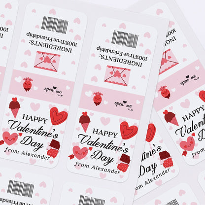 personalized happy valentine's day stickers for tic tac boxes with cute illustrations of hearts, ice cream and chocolate, customized with name. 