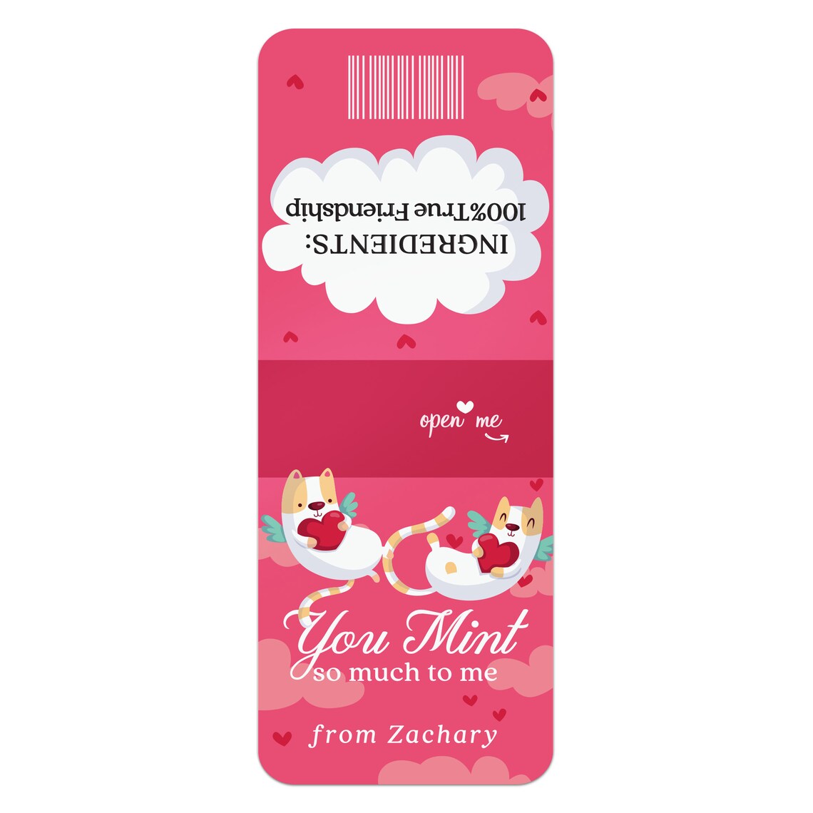 valtneine's day tic tac stickers personalized with name, decorated with two cats hugging hearts on a pink background.