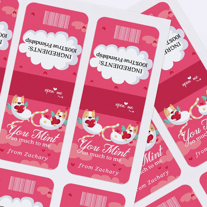 valtneine's day tic tac stickers personalized with name, decorated with two cats hugging hearts on a pink background.