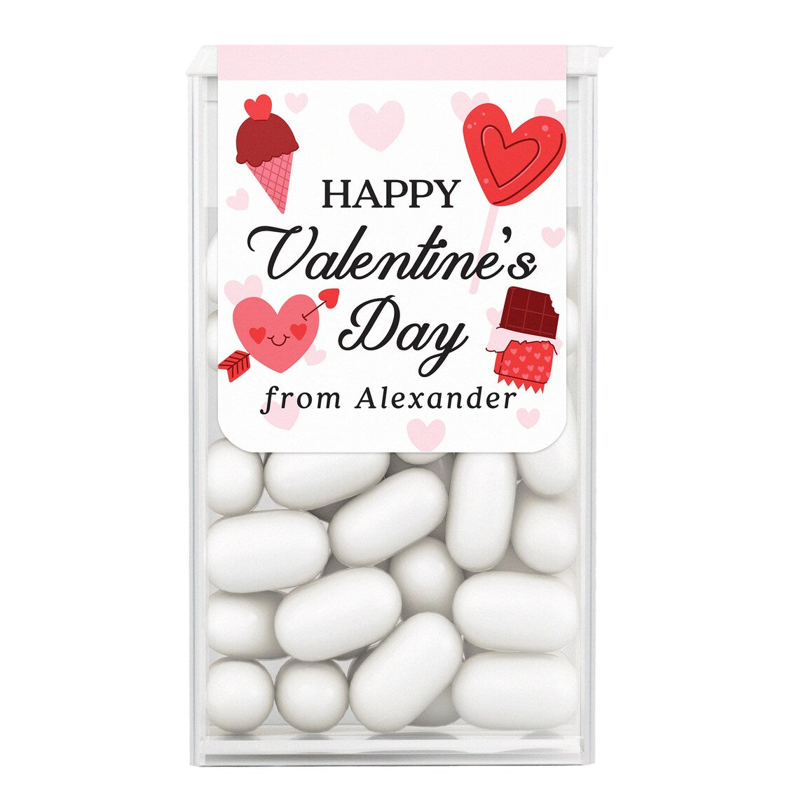 personalized happy valentine's day stickers for tic tac boxes with cute illustrations of hearts, ice cream and chocolate, customized with name. 