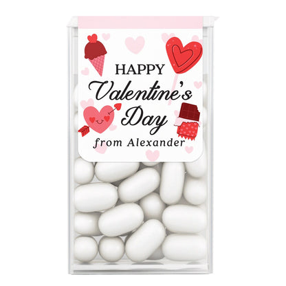 personalized happy valentine's day stickers for tic tac boxes with cute illustrations of hearts, ice cream and chocolate, customized with name. 