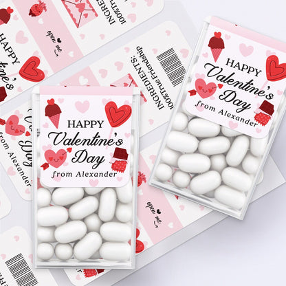 personalized happy valentine's day stickers for tic tac boxes with cute illustrations of hearts, ice cream and chocolate, customized with name. 