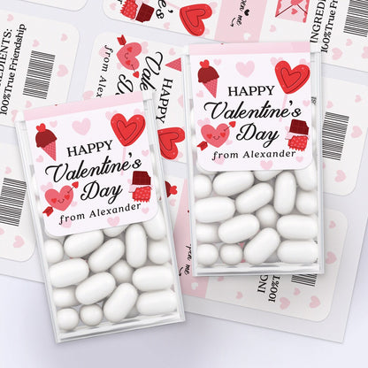 personalized happy valentine's day stickers for tic tac boxes with cute illustrations of hearts, ice cream and chocolate, customized with name. 