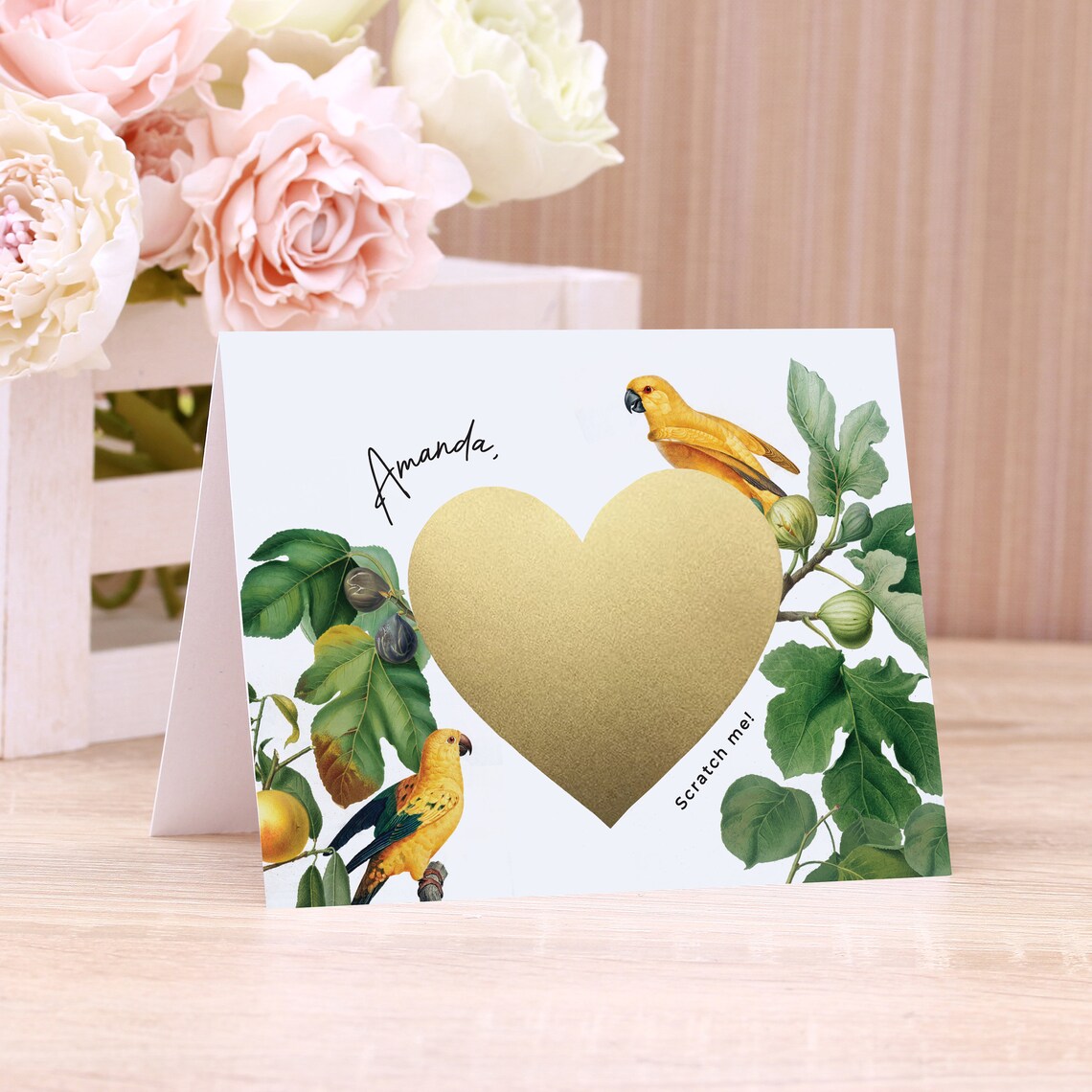 nature inspired bridesmaid proposal card with botanical design, gold foiled scratch off heart and personalized with name