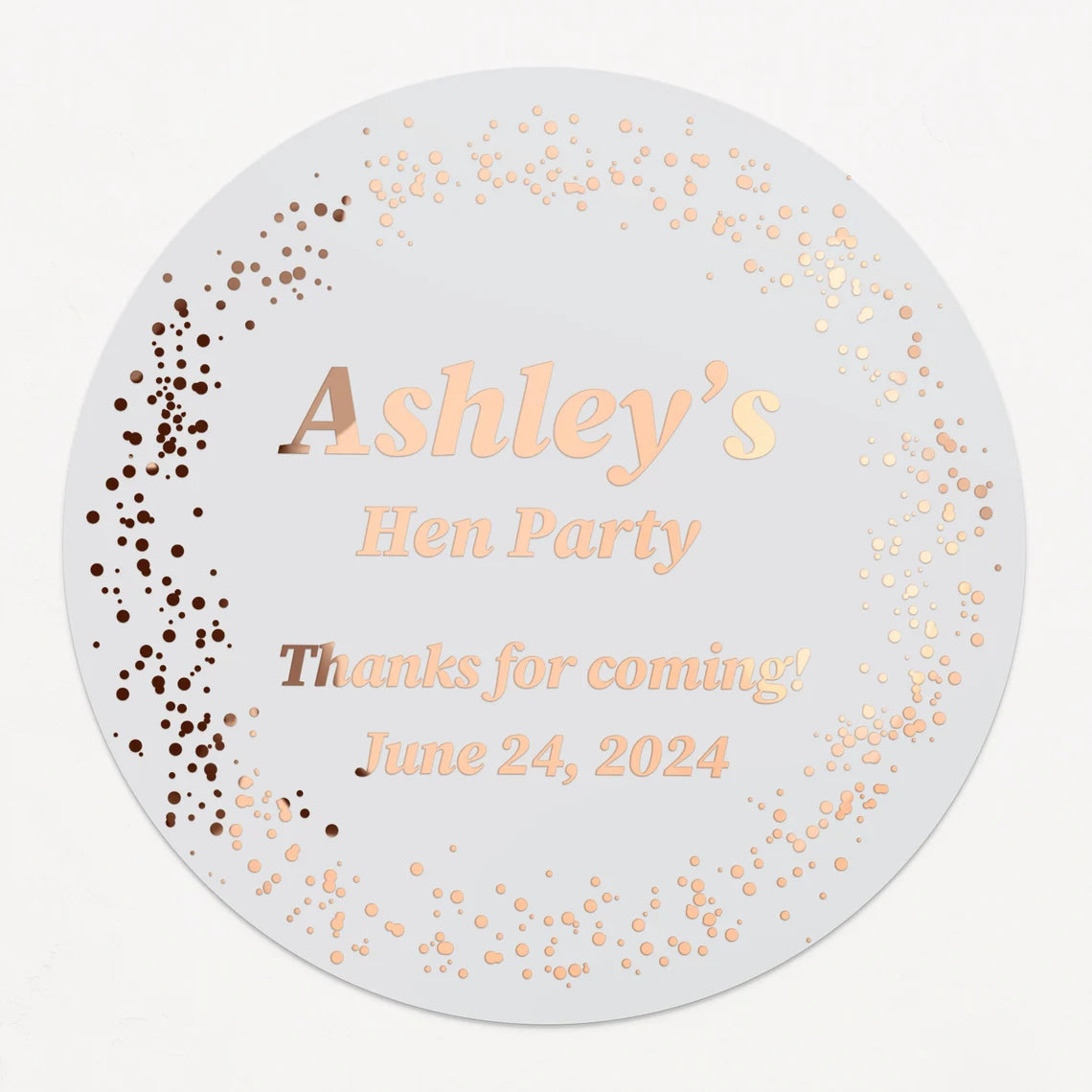 Personalized hen party sticker with name, event type, and date in gold foil, silver foil, rose gold foil, or black text on clear or white background