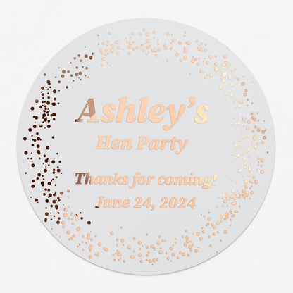 Personalized hen party sticker with name, event type, and date in gold foil, silver foil, rose gold foil, or black text on clear or white background