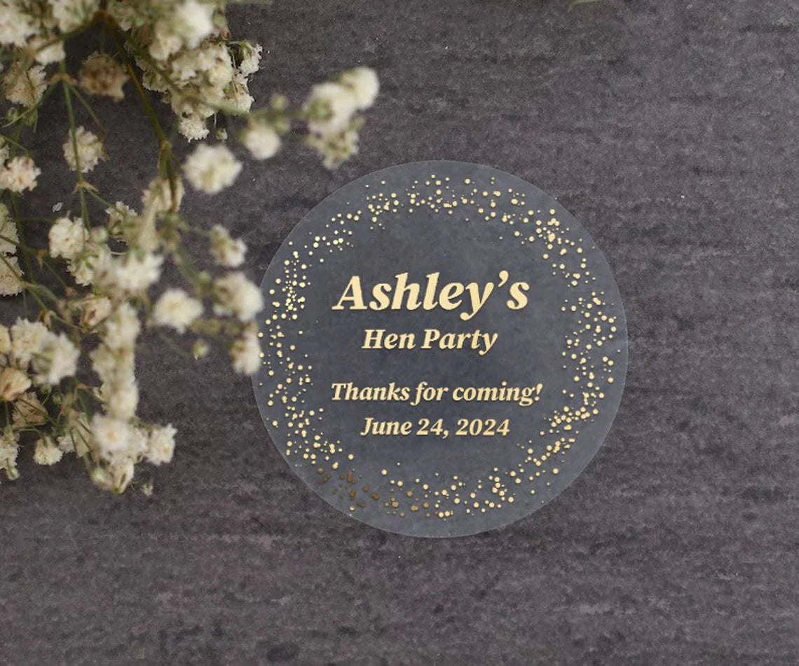 Personalized hen party sticker with name, event type, and date in gold foil, silver foil, rose gold foil, or black text on clear or white background