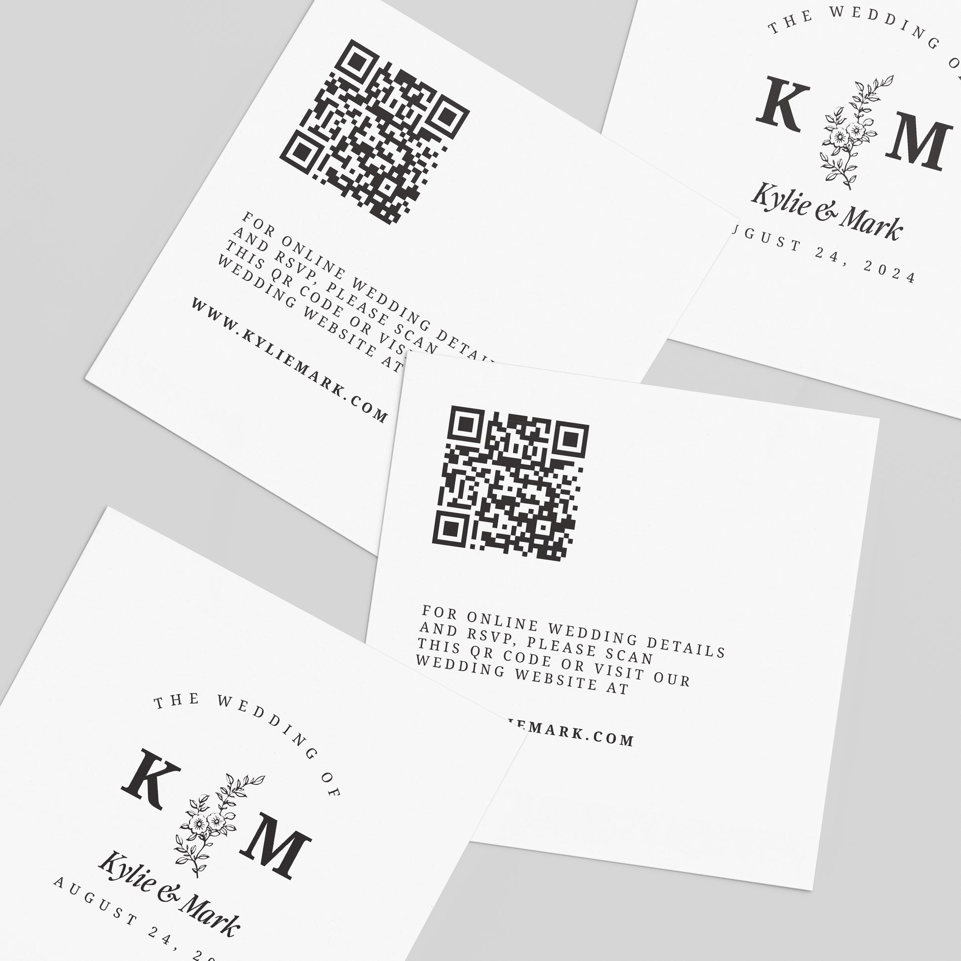 square wedding website cards with monograms, qr code and flowers - XOXOKristen