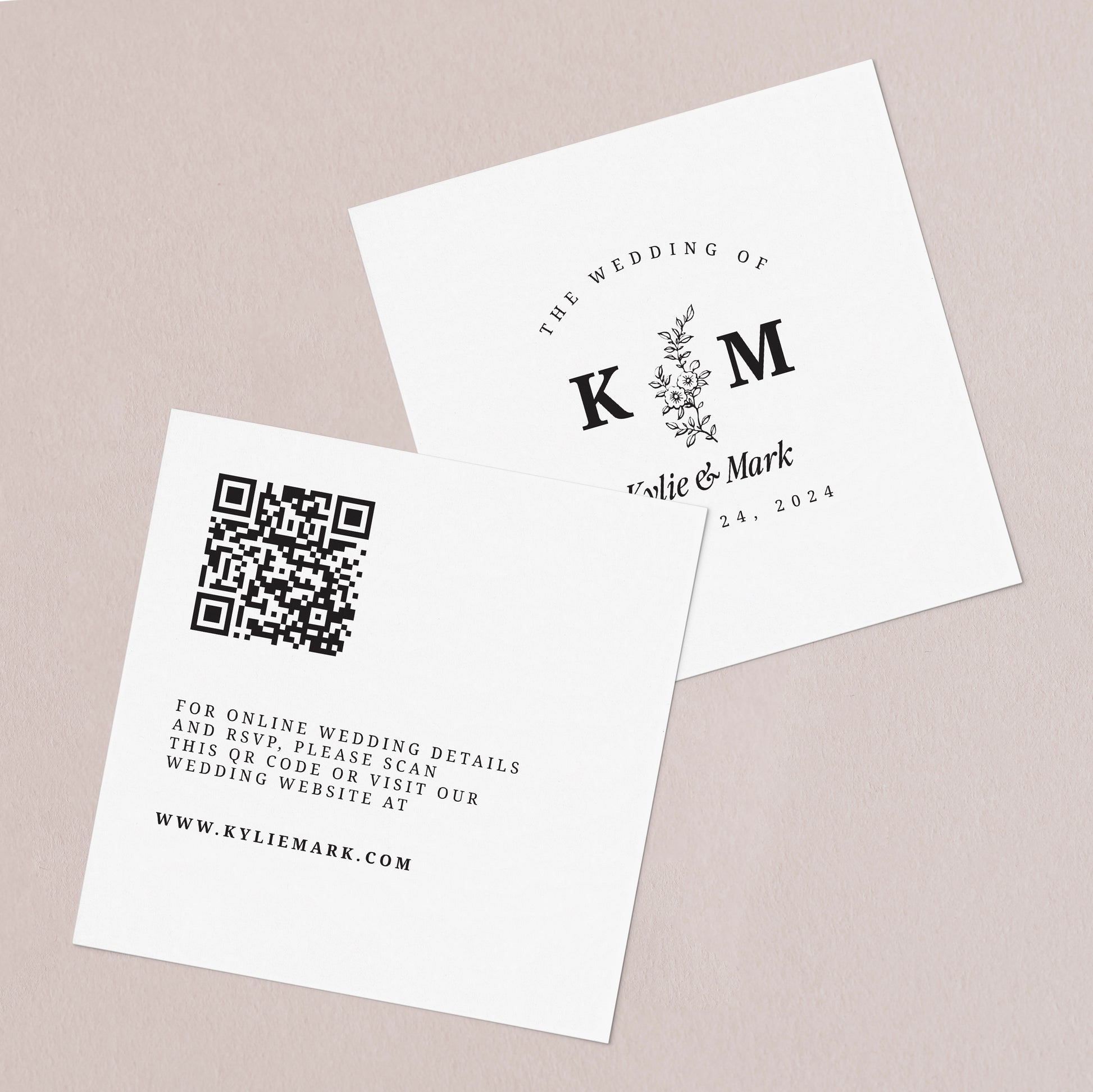 square wedding website cards with monograms, qr code and flowers - XOXOKristen
