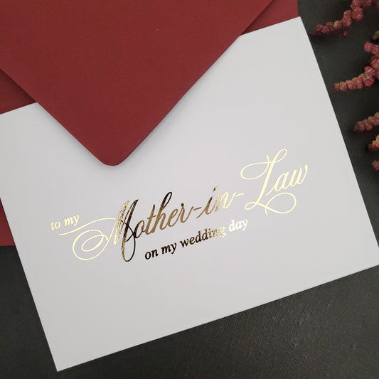 gold foiled mother-in-law on my wedding day note card - XOXOKristen