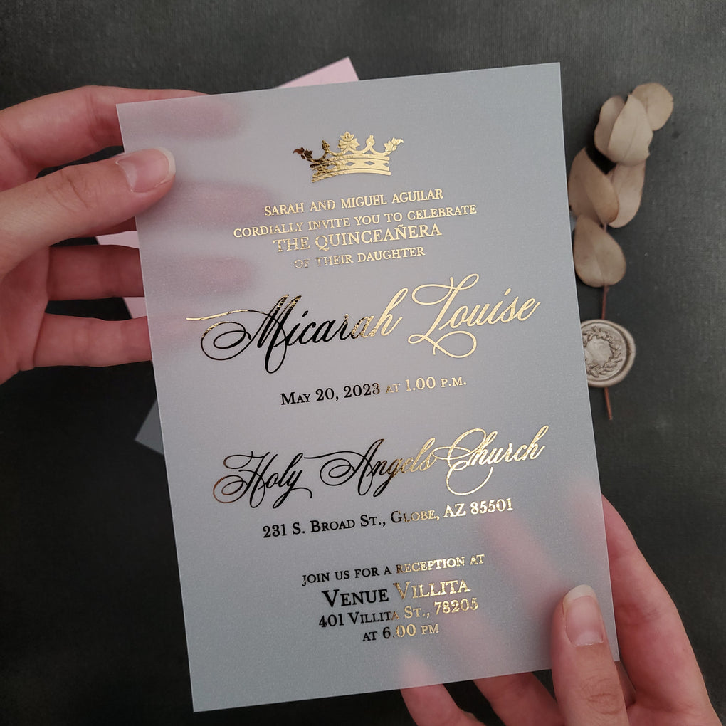  Set of 10 Quinceañera Invitations, Elegant Quinceañera Invite,  Custom Quinceañera Card, 15th Birthday, Vellum Invitations with Gold,  Quince Anos, Mis Quince Invites, Princess Party Invite (A7 (5 x 7 