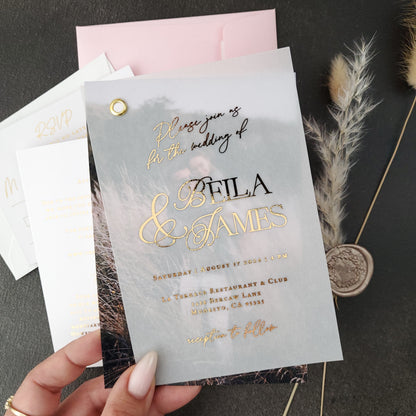 wedding invitation suite printed with gold foil on vellum - XOXOKriten