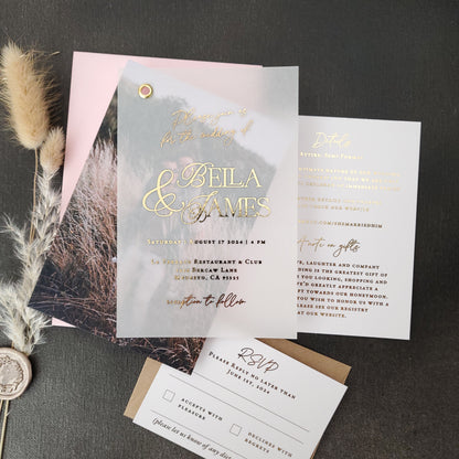 wedding invitation suite printed with gold foil on vellum - XOXOKriten