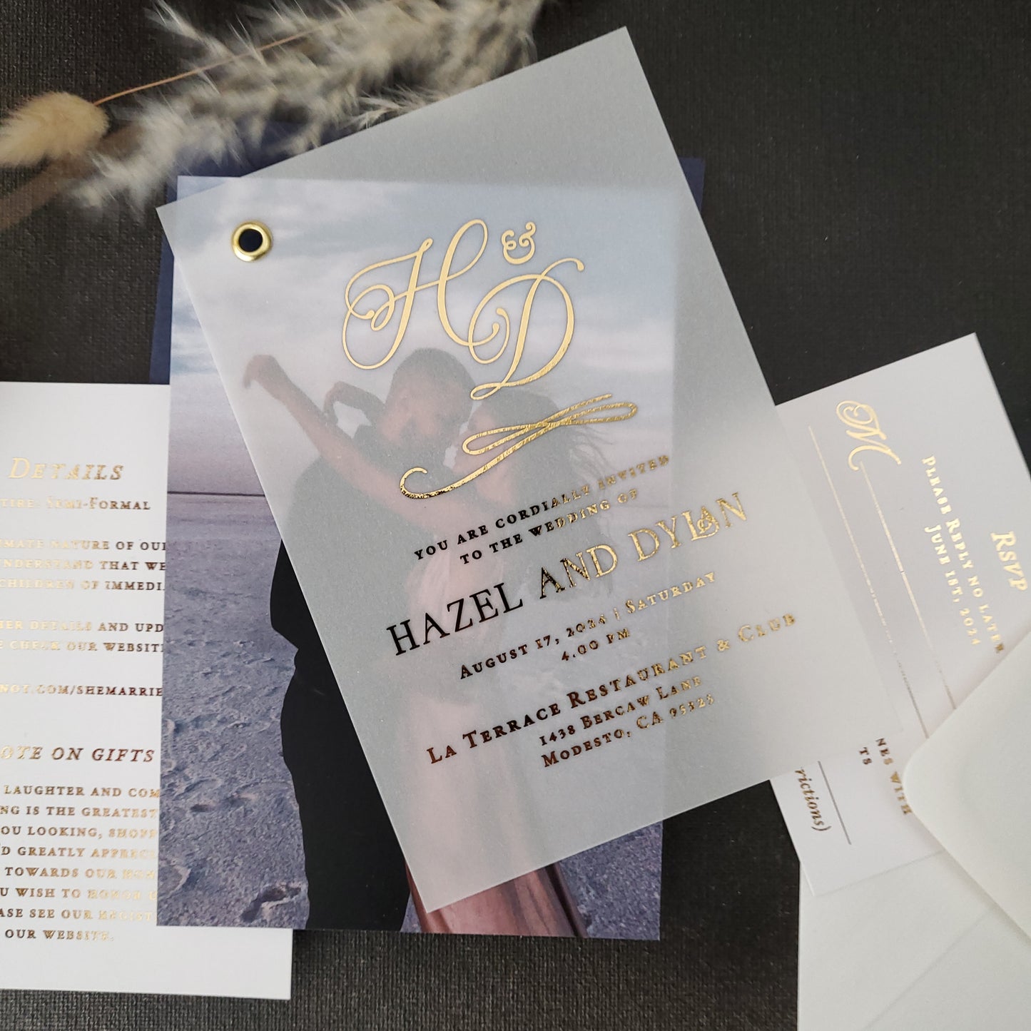 gold foiled vellum wedding suite with invitations, rsvp cards and detail cards - XOXOKristen