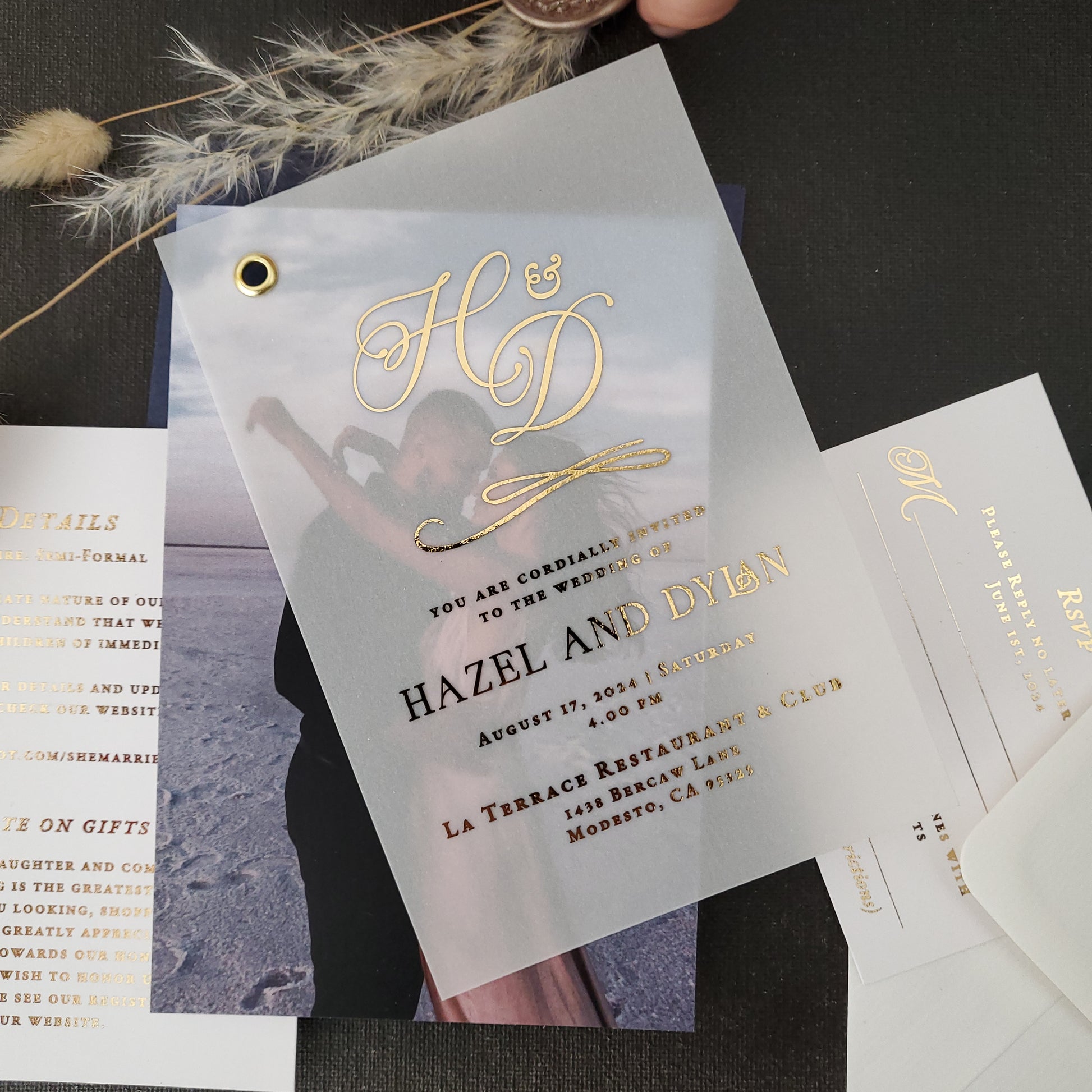 gold foiled vellum wedding suite with invitations, rsvp cards and detail cards - XOXOKristen