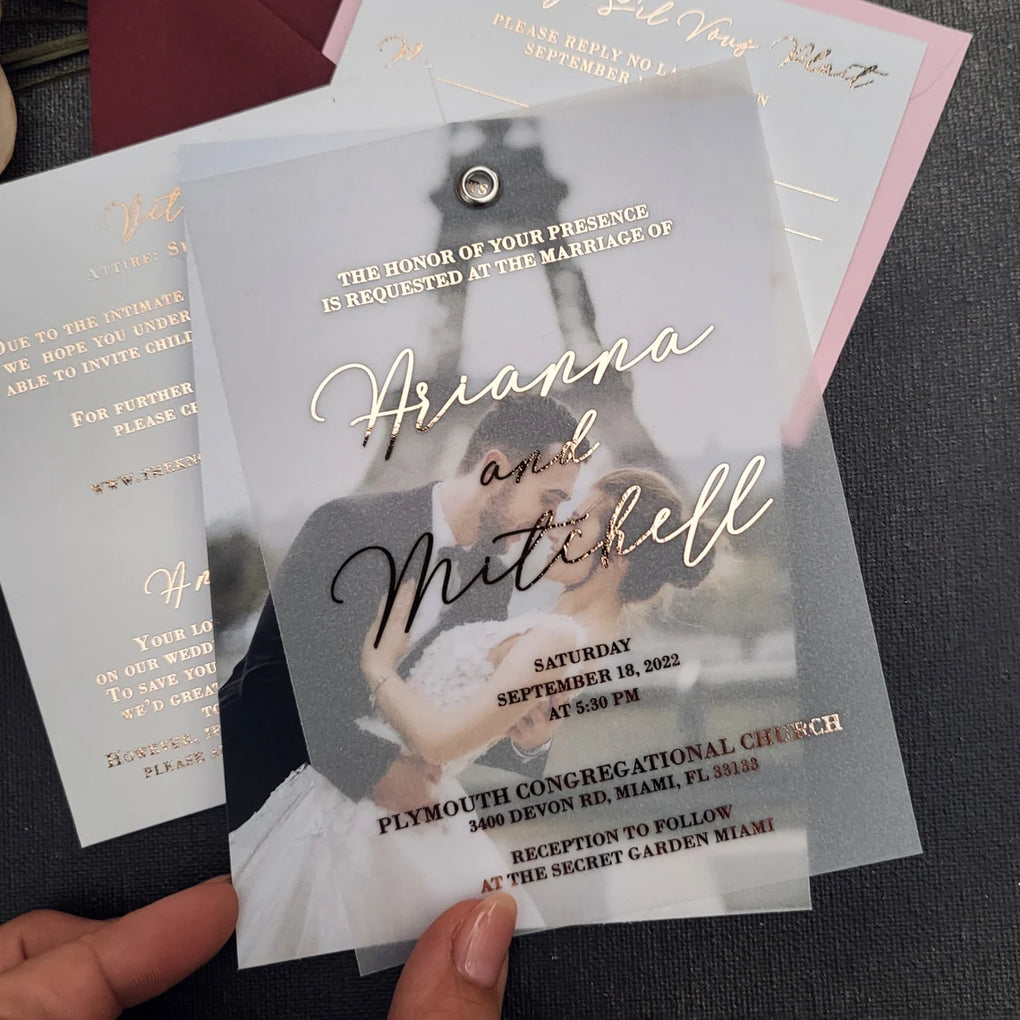 Sample of Foiled Vellum Wedding Invitations for Customers Outside the  United Kingdom 